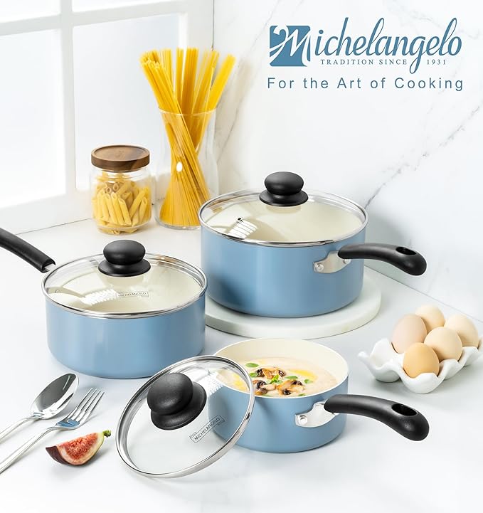 MICHELANGELO Nonstick Sauce Pan with Lid, Ceramic Saucepan Set, Non Toxic Small Saucepans Sets with Stay-Cool Handle, Induction Pots For Cooking, PTFE & PFOA Free - 1Qt & 2Qt & 3Qt, Blue
