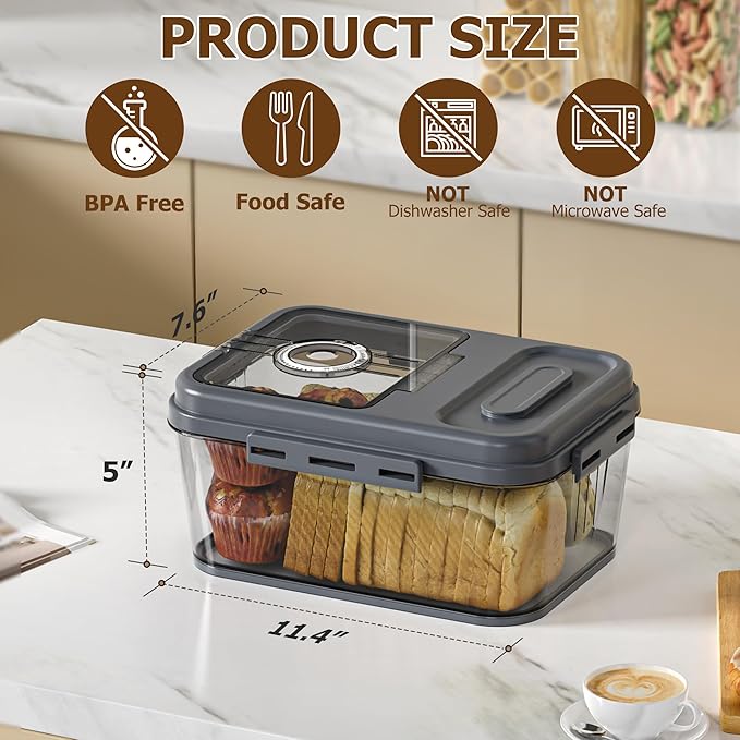 Bread Box For Kitchen Countertop, Airtight Bread Storage Container, Bread Container For Homemade Breads, Cookies, And Cake, Grey Bread Keeper