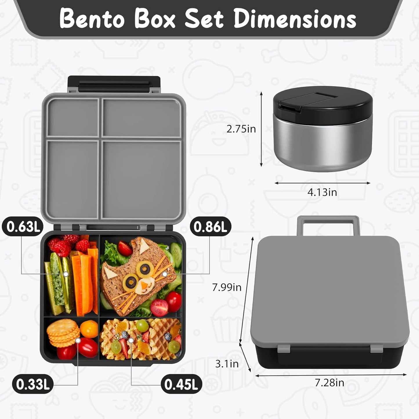 Bento Lunch Box with 8oz Soup Thermo, Leak-Proof Lunch Containers with 4 Compartment, Thermo Hot Food Jar and Insulated Lunch Box for School Black