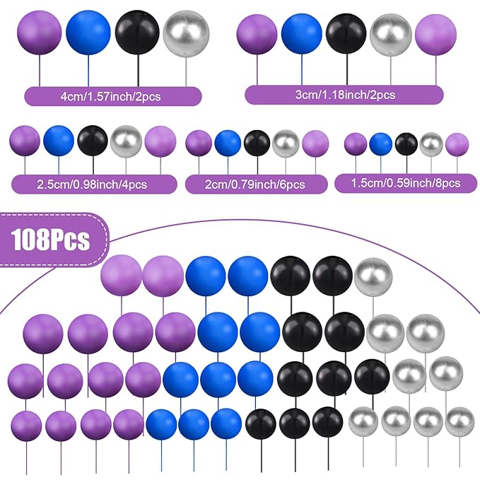 108 Pcs Balls Cake Topper DIY Cupcake Insert Foam Balloons for Cake Baking Wedding Anniversary Birthday Decoration(Elegant Colors,Multi Sizes)