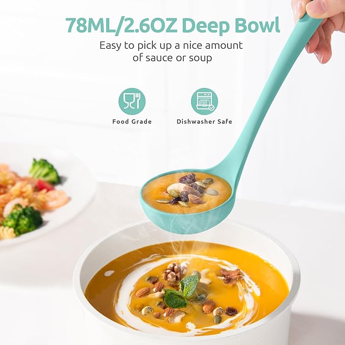 2.6oz Small Silicone Soup Ladle: U-Taste 600ºF Heat Resistant Non-Stick Kitchen Deep Serving Spoon, Soft Cooking Utensil with Non-Slip Solid Handle for Mixing Sauce Stew Gravy (11in, Aqua Sky)