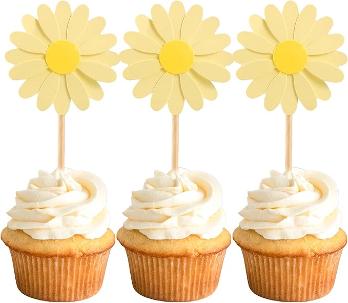 24Pcs Daisy Cupcake Toppers Daisy Flower Party Picks Spring Daisy Toothpicks Chrysanthemum Food Picks Girls Baby Shower Birthday Wedding Party Decorations Yellow