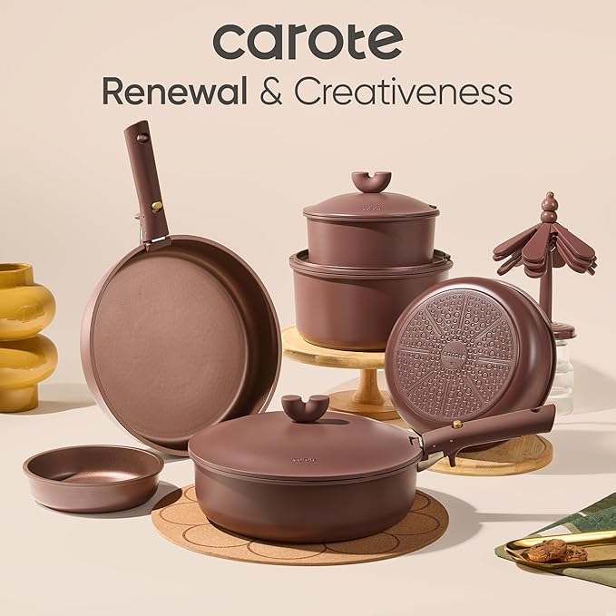CAROTE 27pcs Pots and Pans Set Non Stick, Gift Set Nonstick Cookware Die-cast Aluminum Detachable Handle, Dishwasher/Oven Safe, Induction Cooking Pot and Pan Sets, Coffee, RV Kitchen Cookwares