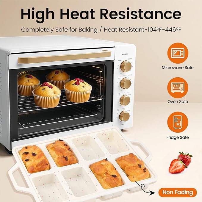 SJ Silicone Mini Loaf Pans with Metal Reinforced Frame-2 Pack, Non-stick Silicone Mini Bread Loaf Pans for Baking 8-Cavity, Tiny Banana Bread Set, Dishwasher Safe Brownie Pan-Cream