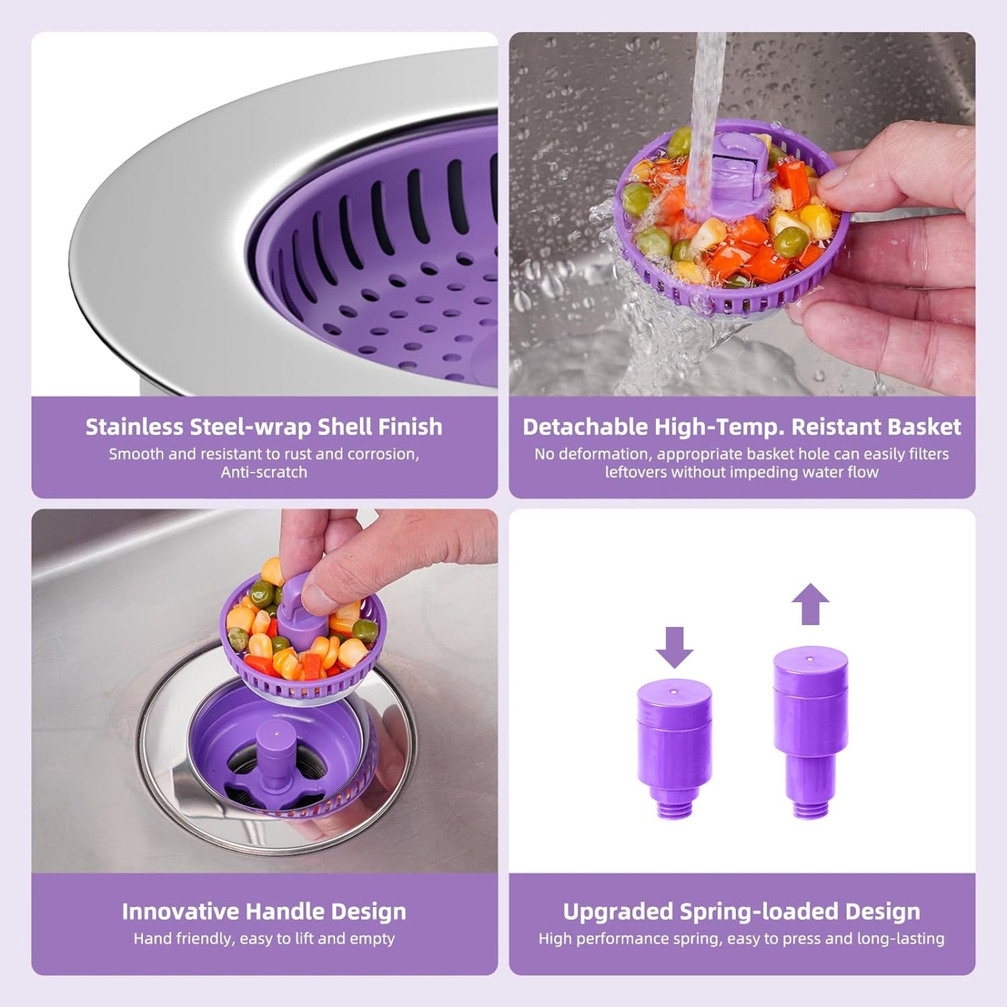 Hibbent 2 Pack Universal 3 in 1 Kitchen Sink Drain Strainer with Sink Stopper, Chrome Stainless Steel Wraped Shell, Anti-Clogging Basket Strainer with Handle, Fit for US Standard 3-1/2" Drain, Purple