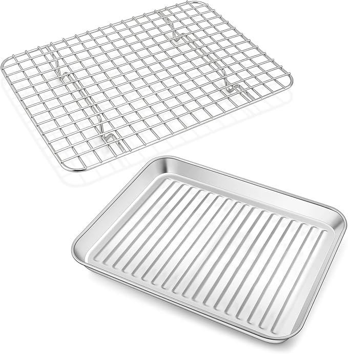 P&P CHEF Toaster Oven Pan with Wire Rack, Stainless Steel Baking Oven Sheet Tray, Bacon Pan and Cooling Rack for Cooking Roasting Cookie, Dishwasher Safe & Easy Clean, 9 x 7 x 1 Inch