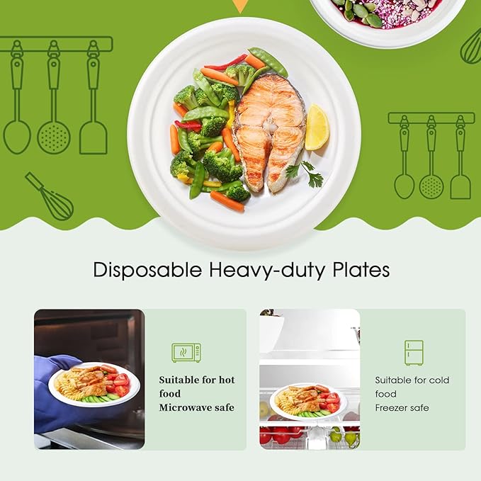 ECOLipak 120 Pack Compostable Paper Plates, 9 inch and 7 inch Heavy Duty Disposable Paper Plates, Eco friendly Sugarcane Biodegradable for Party Dinner Birthday