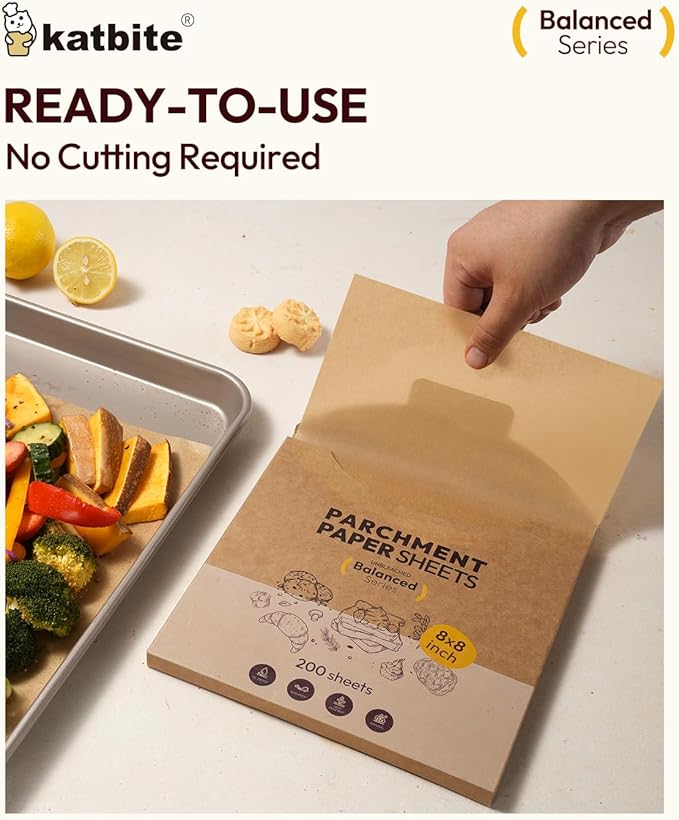 Katbite 200 Pcs Parchment Paper, 8 x 8 Inch Unbleached Baking Paper, Oil Resistant & Easy Clean, Non-Stick Precut Parchment Paper Sheets for Baking Square, Cooking, Air Fryer [Balance Series]
