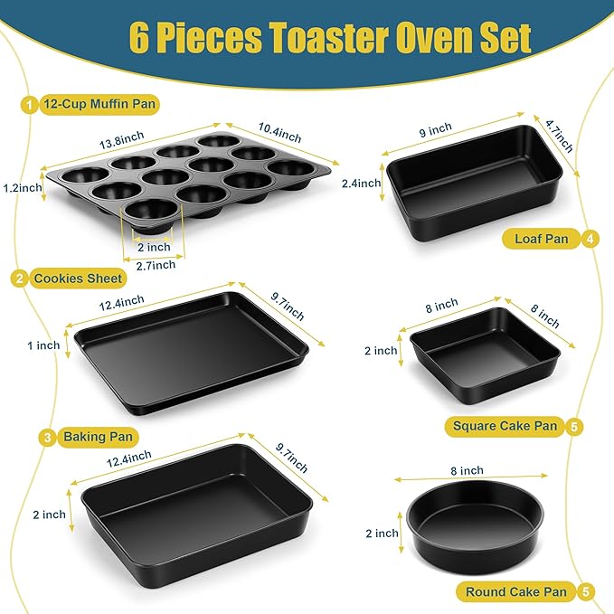 E-far 6-Piece Bakeware Sets, Nonstick Stainless Steel Baking Pans Set - 8x8 Square/Round Cake Pan/Muffin/Loaf Pan/Roasting Tray/Cookie Sheet - for Kitchen Oven Cooking Lasagna Brownie Casserole, Black