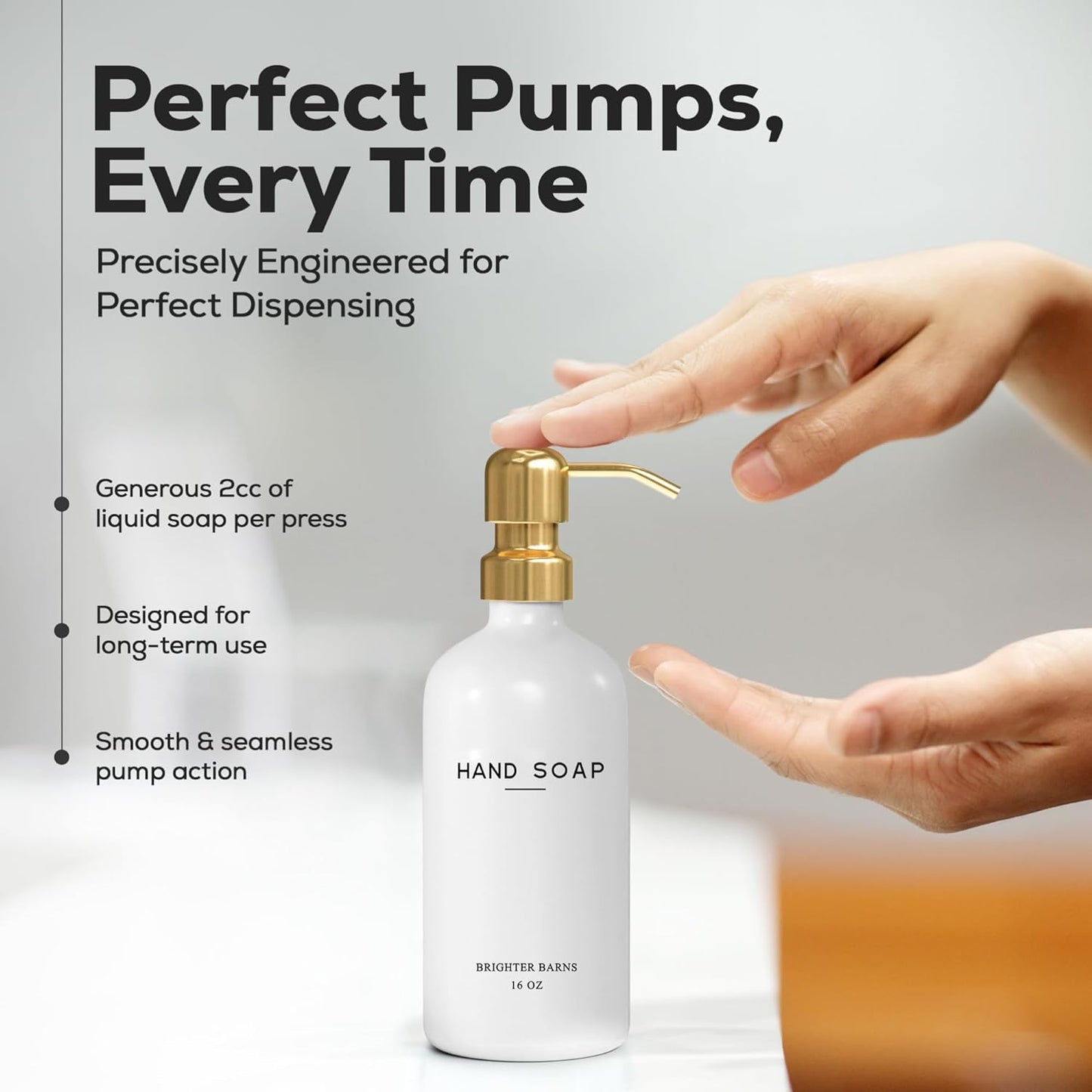 Luxury Glass Soap and Lotion Dispenser Set by Brighter Barns - Liquid Soap Dispenser Bathroom Set - White and Gold Bathroom Accessories for Vacation Rental, Airbnb, Hotel, Wedding Gift (Gold)