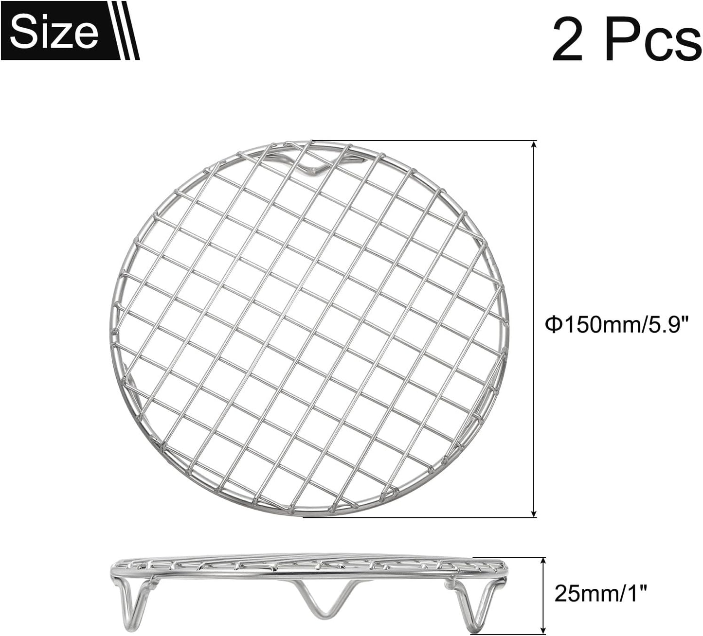 uxcell 2 Pcs Round Cooking Rack with Legs, Dia 5.9 Inch 304 Stainless Steel Barbecue Grill for Cooking Baking Barbecue Air Fryer Racks, Silver