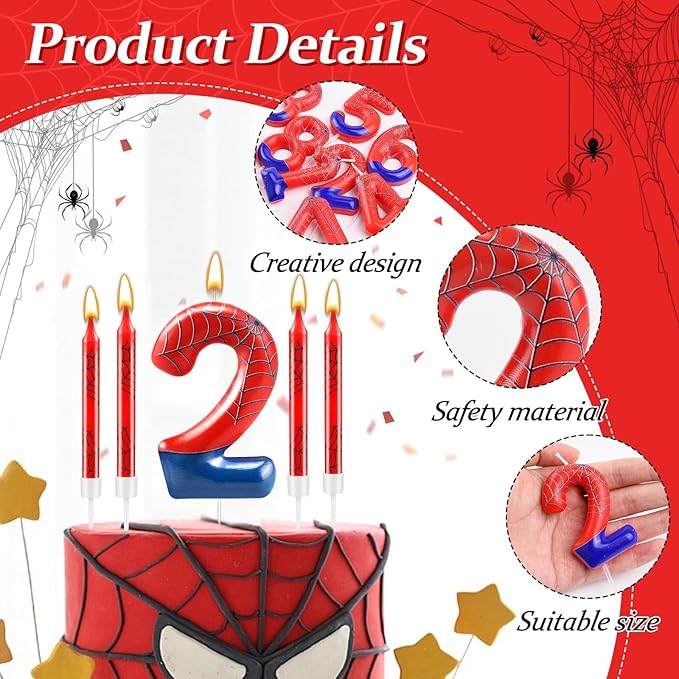 13 Pcs Spider Themed Birthday Candle Set Red Spider Theme Number 2 Candle Cake Topper for Boys Girls Birthday Decoration Spider Party Decoration Supplies (Number 2)