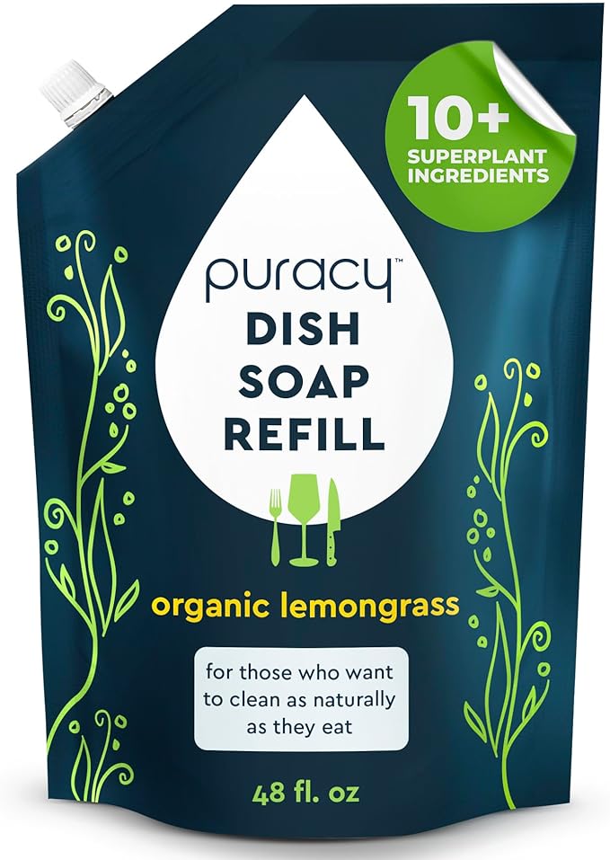 Puracy Natural Dish Soap Refill - Skin-Softening Plant-Based Liquid Dishwashing Detergent Soap, Clean-Rinsing Water-Sheeting Formula (Organic Lemongrass, 48 fl oz)