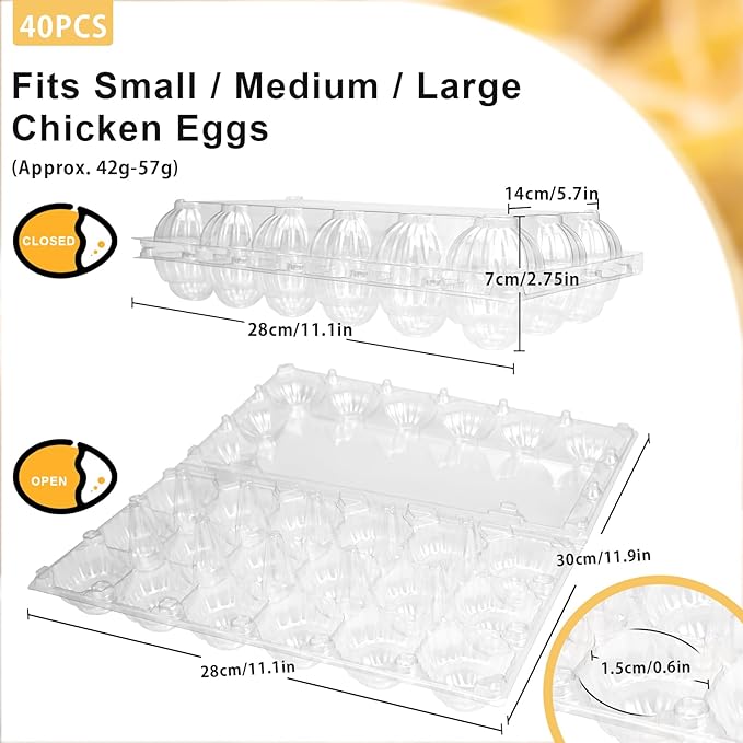 Egg Cartons 18 Count - 40 Pack Egg Cartons Cheap Bulk - 3x6 Grids Plastic Egg Carton for Fresh Eggs, Home, Farmers Market (Medium)