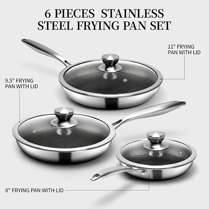 6-Piece Stainless Steel Frying Pan Set with Lids, Honeycomb Nonstick, Induction Compatible, PFOA Free