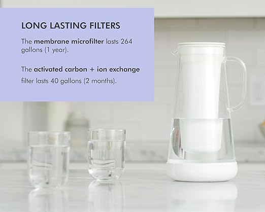 LifeStraw Home Water Pitcher, 7-Cup, White, Glass with Silicone Base, White, for Everyday Protection Against Bacteria, Parasites, Microplastics, Lead, Mercury, PFAS and a Variety of Chemicals