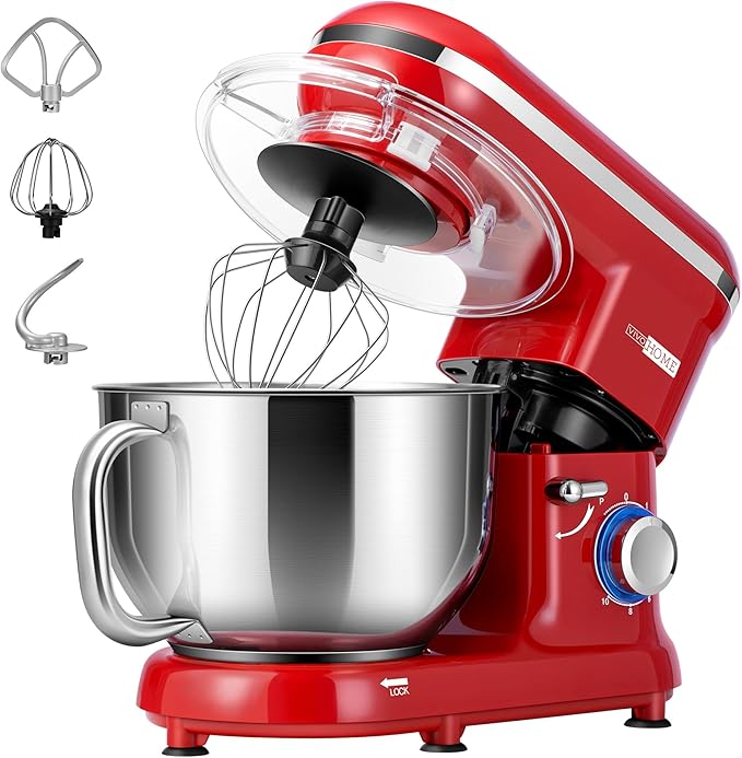 VIVOHOME Stand Mixer, 660W 10 Speed 6 Quart Tilt-Head Kitchen Electric Food Mixer with Beater, Dough Hook, Wire Whip and Egg Separator, Red