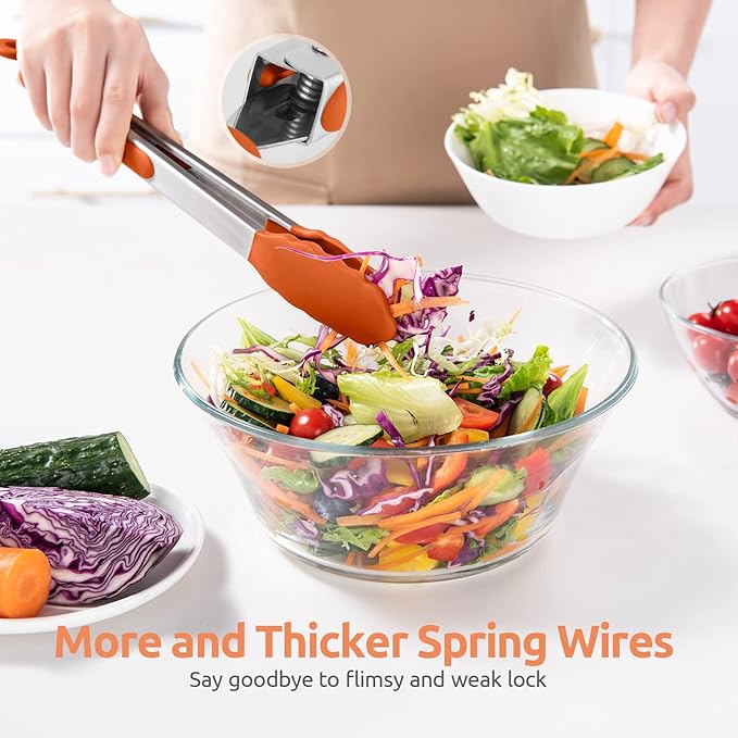 600ºF Heat Resistant Kitchen Tongs: U-Taste 12 inch Large Silicone Cooking Tong with Sturdy Non Stick Rubber Tips & Silicon Coated 18/8 Stainless Steel Handle & Smooth Locking for Serving Grill-Orange