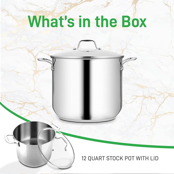 NutriChef 12-Quart Stainless Steel Stock Pot - 18/8 Food Grade Stainless Steel Heavy Duty Induction - Large Stockpot for Stews, Simmering & Soups with See Through Lid, Dishwasher Safe - NCSP12