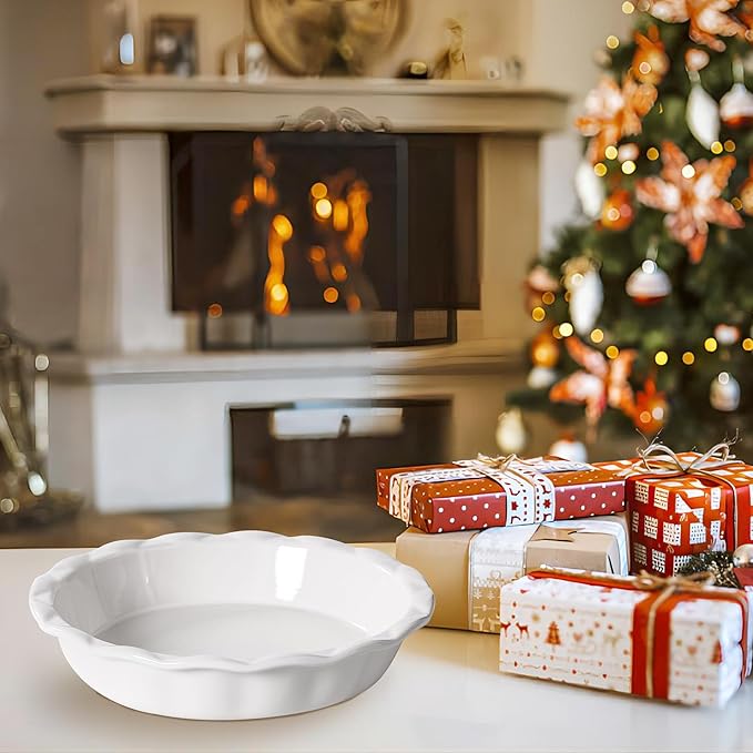 Lareina Ceramic Pie Pans for Baking, 9 Inch Deep dish pie plates with Ruffled Edge for Apple Pie, Durable Pie Dish, Non-Stick, Oven & Dishwasher Safe, Set of 2, White