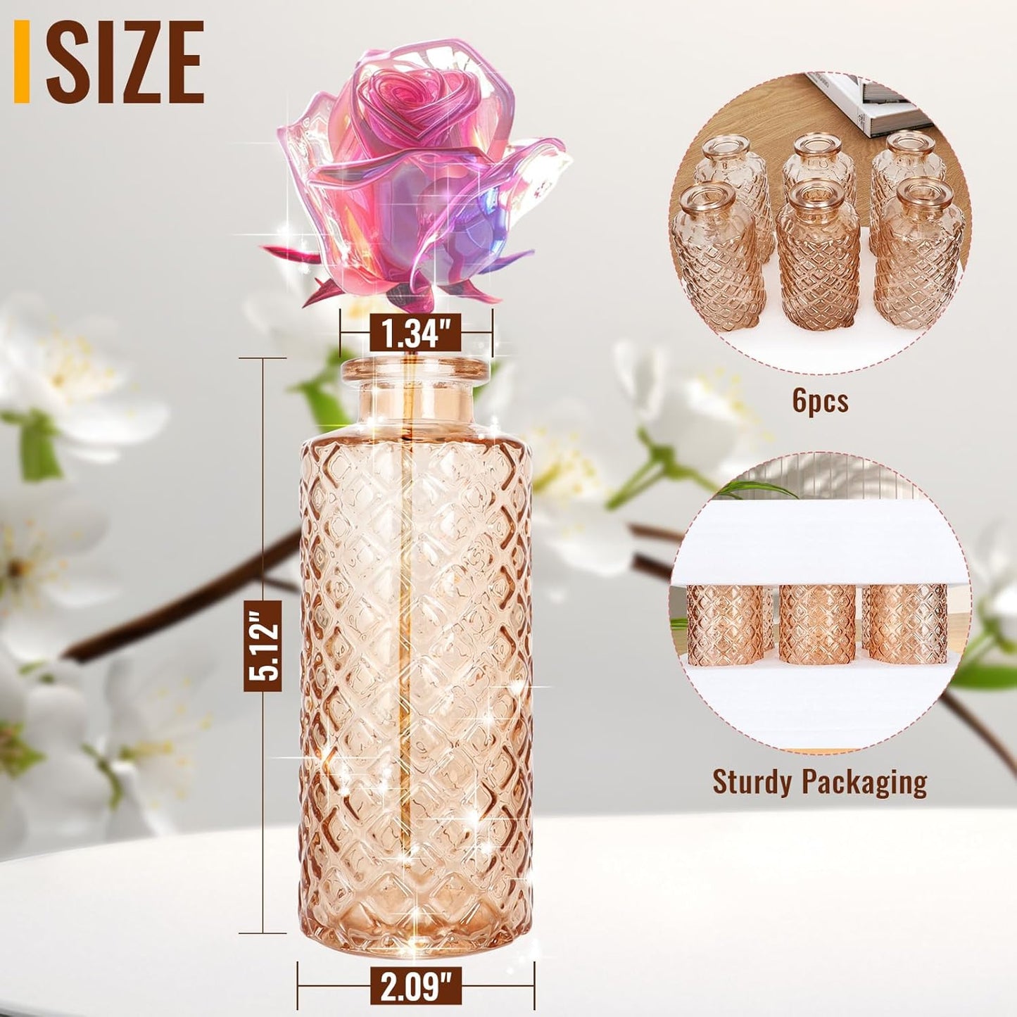 Glass Flower Vase, Amber, Aromatherapy Bottle, Small Vase, 6 Sets, Simple Style, Centerpieces for Table, for Home Decoration, Anniversary, Wedding