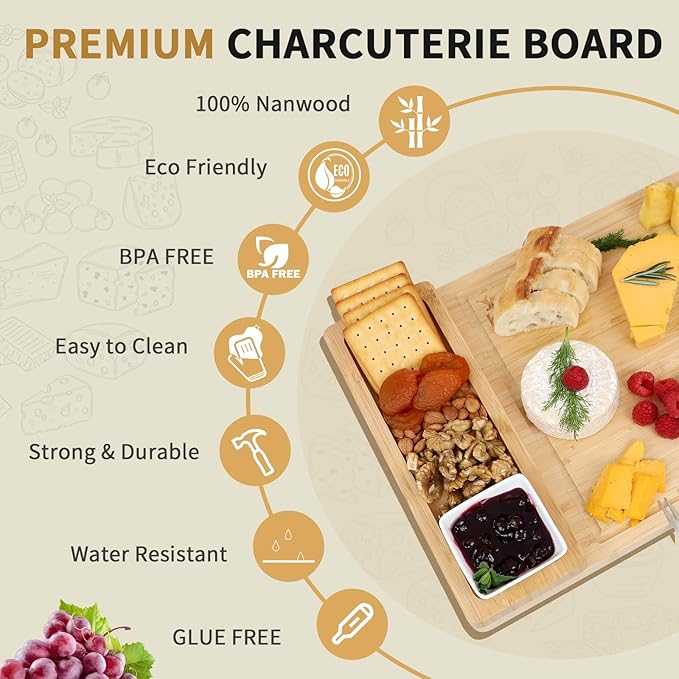 Charcuterie Boards Bamboo Cheese Board with Knife Set, Serving Tray, Gifts for Women, Housewarming Gifts for New Home, Wedding Gift for Couples 2025 (With 1 Bowl)