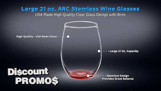 DISCOUNT PROMOS 10 ARC Stemless Wine Glasses Set, 21 oz. - Chardonnay, Cabernet, Merlot, Sauvignon - Red