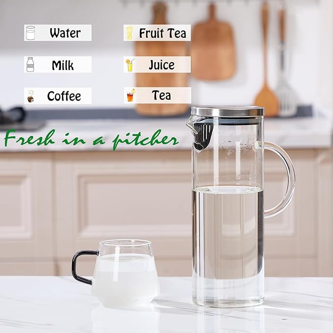 Karafu Pitcher, Glass Pitcher with Handle and Lid, 50 Oz Handmade Water Jug for Hot/Cold Water, Ice Lemon Tea and Juice Beverage