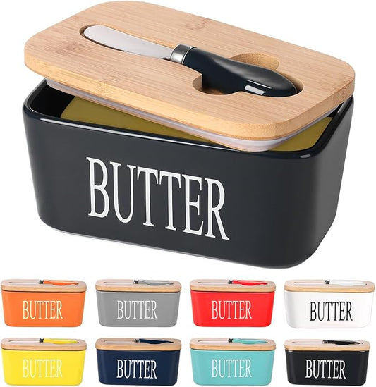 Ceramic Butter Dish with Wooden Lid, Large Butters Container Keeper Storage with Stainless Steel Knife Spreader, Bamboo Cover and Silicone Sealing Ring for West East Coast, Black