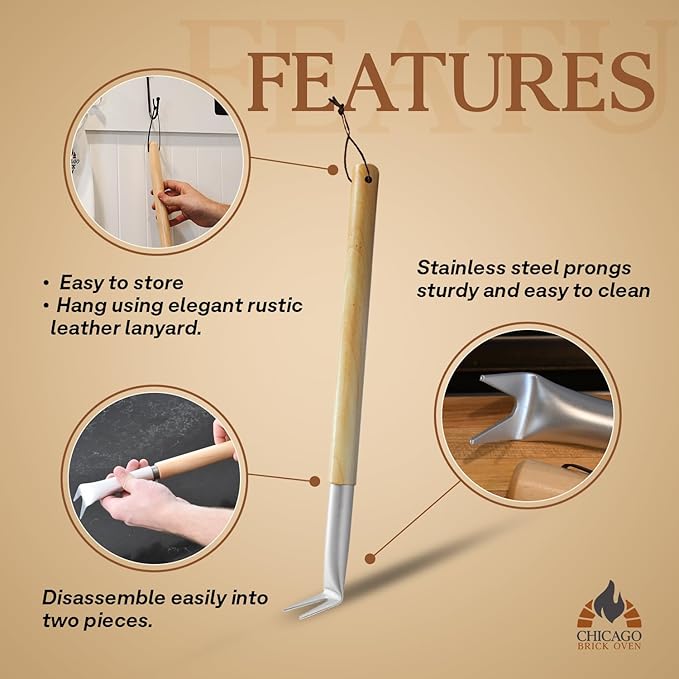 Pizza Bubble Popper Spinner Turning Fork Aluminum 17.5 inch with Wooden Handle and Leather Strap (2-Pack), Pizza Turner Peel - Outdoor Pizza Oven Accessories