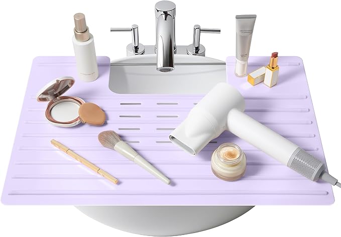 Maplefield Lavender Foldable Sink Cover - Small 22 x 2 x 2 In Lavender Silicone - Heat Resistant Makeup Mat & Sink Cover for Counter Space - Space Saving Rectangle Countertop Topper
