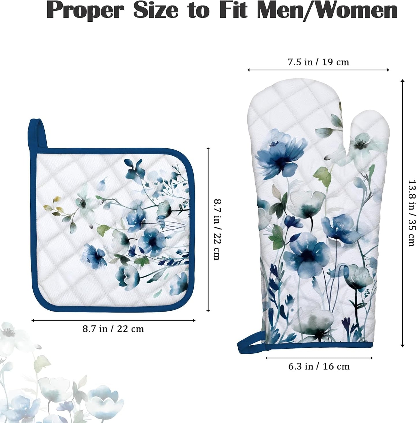 Blue Watercolor Flower Oven Mitts and Pot Holders Sets 4Pcs, 100% Cotton Heat Resistant, Extra Long Oven Gloves Potholder for Kitchen Cooking Baking Housewarming