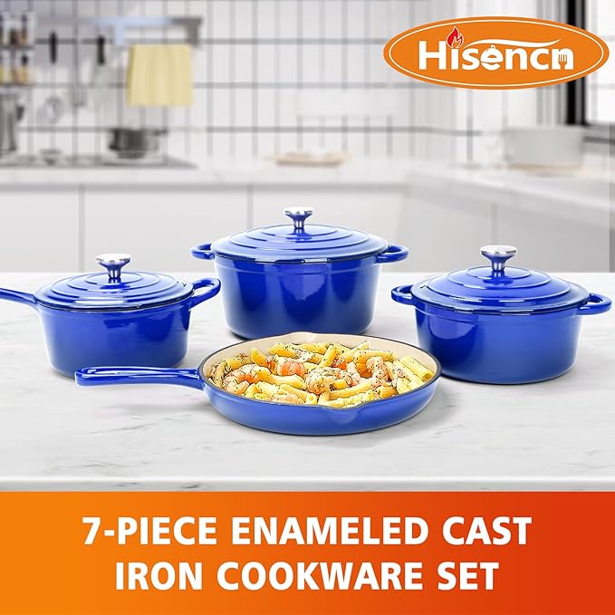 Hisencn Enameled Cast Iron Cookware Set - 7 Piece Set of Dutch Ovens, Sauce Pan, Skillet, 3 Lids, Dutch Oven Set, Ceramic Coated Cast Iron, Heavy Duty, Gas/Induction Compatible, PFA Free, Cobalt Blue