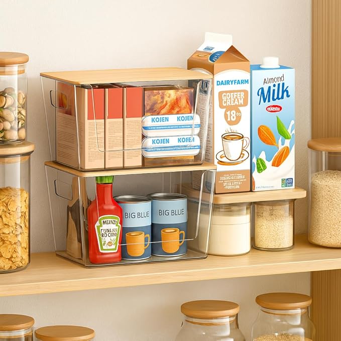 6 Pack Clear Stackable Storage Bins with Bamboo Lids, Plastic Storage Containers with Handle for Pantry, Bathroom, Kitchen, Closet, Cabinet, Fridge Organizer and Storage