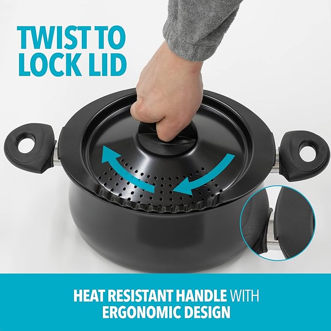 Bialetti 5.5-Quart Nonstick Aluminum Pasta Pot with Strainer Lid and Handles, PFOA-Free Nonstick Oval Cooking Pot and Lid, Black