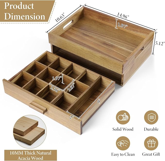 ANMINY Acacia Wood Tea Bag Organizer, Extra Large Tea Storage Box with 13 Compartments, 10MM Thick Wooden Teabag Holder Drawer Box, Tea Caddy Station Chest Containers for Countertop