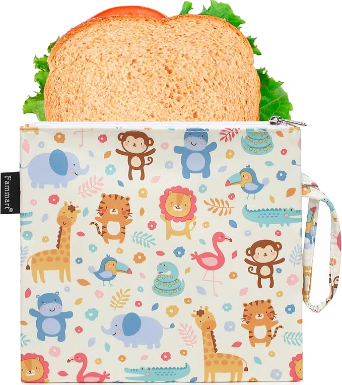 Reusable Sandwich Bag/Snack Bag for Kids & Adults, Dual Layer Lunch Bag with Handle, Washable, Food Safe, BPA Free (1-Pack, Zoo)