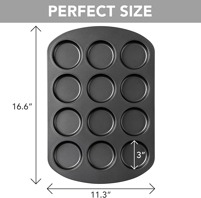 Tiawudi Muffin Top Pan, 12 Cavity Cupcake Pan, 3 Inch Nonstick Bakeware for Eggs, Cornbread, Cookies, Whoopie Pies and Yorkshire Pudding