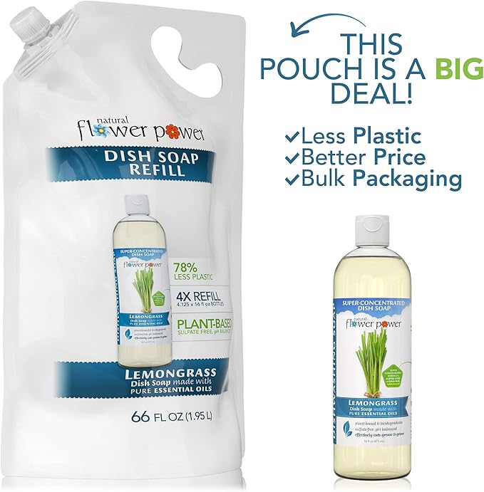 Liquid Dish Soap Refill – 66 Fl Oz Refills 4X – Plant-Based & Scented w/Pure Essential Oils – Natural Dishwashing Detergent – Sulfate-Free Kitchen Soap (Lemongrass)