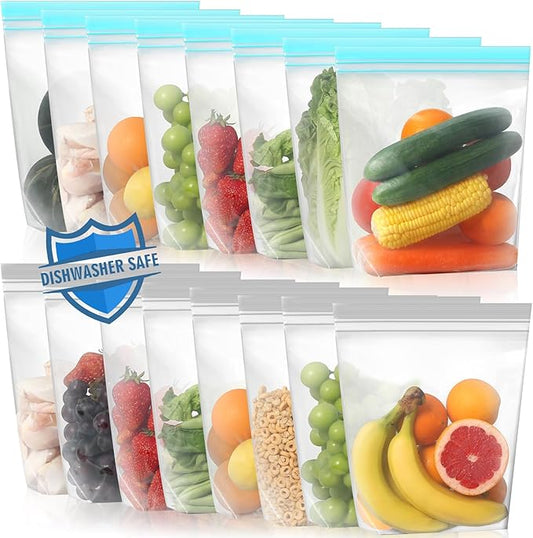 Lerine 16 Pack Reusable Gallon Freezer Bags Dishwasher Microwave Safe, Stand Up BPA Free Reusable freezer Bags 1 Gallon, Extra Thick Leakproof Food Storage Bags for Meal Prep, Kitchen Organization