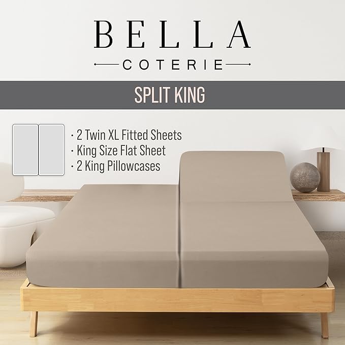 Bella Coterie Luxury Bamboo Viscose Split King Size Sheet Set | 100% Organically Grown | Ultra Soft | Cooling for Hot Sleepers | 18" Deep Pocket [Dune]