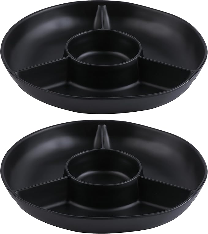Chip & Dip Serving Tray Set, 4 Sectional Round Melamine Serving Platter, Relish Tray, Round Compartment Appetizer platter for Veggies, Candy and Snacks, Matte Black, Set of 2