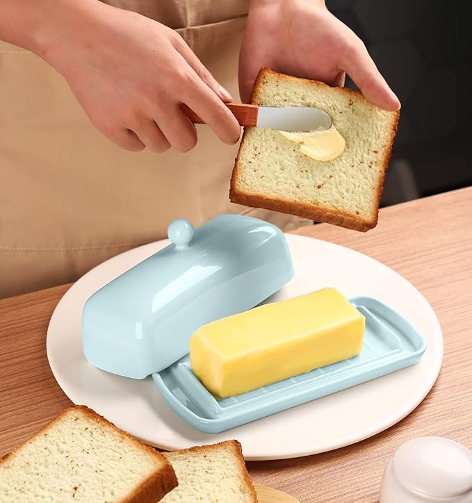 Nucookery Ceramic Butter Dish with Lid | Raised Legs and Non-Slip Strip Design | Porcelain Health | Dishwasher Safe, Lake Blue