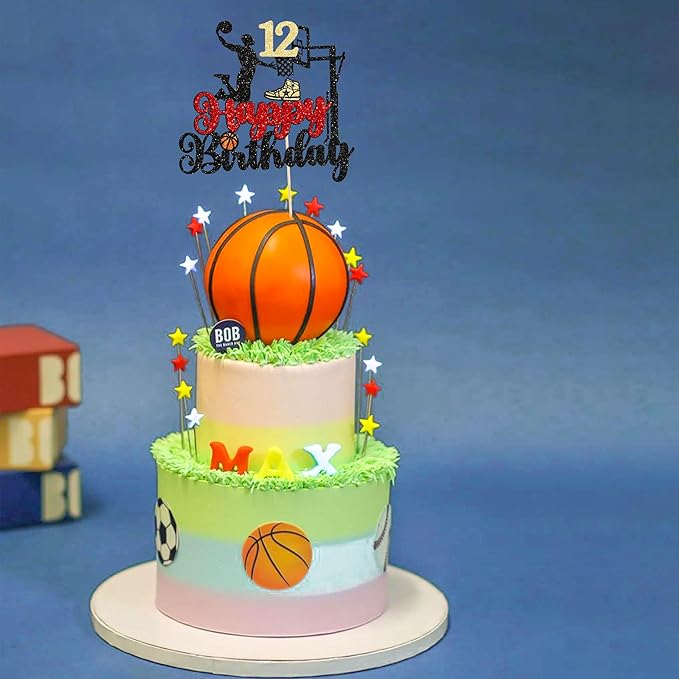 1Pc Happy 12th Birthday Basketball Cake Topper Glitter Basketball Sports Cake Pick Cheers to 12 Years Birthday Cake Decoration for 12th Sports Party Supplies Black