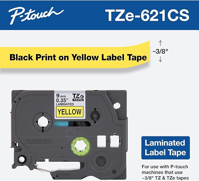 Brother Genuine P-touch, TZe-621CS, 0.35” x 26.2’, Black on Yellow Laminated Label Tape