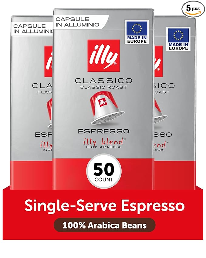 illy Aluminum Espresso Capsules - Compatible with Nespresso Machines - Classico Medium Roast Coffee- Mild&Balanced-Notes of Caramel,Orange Blossom&Jasmine Single Serve Capsules - 10 Count (Pack of 5)