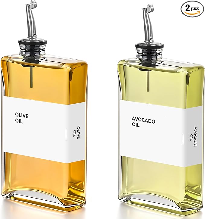 Olive Oil Dispenser Bottle - Includes 44 Kitchen Essential Labels - Cooking Oil Bottles for Kitchen, Coffee Syrup Dispenser - Pourer Spout with 11.8 fl oz Glass Container Cruet - 2pcs Silver