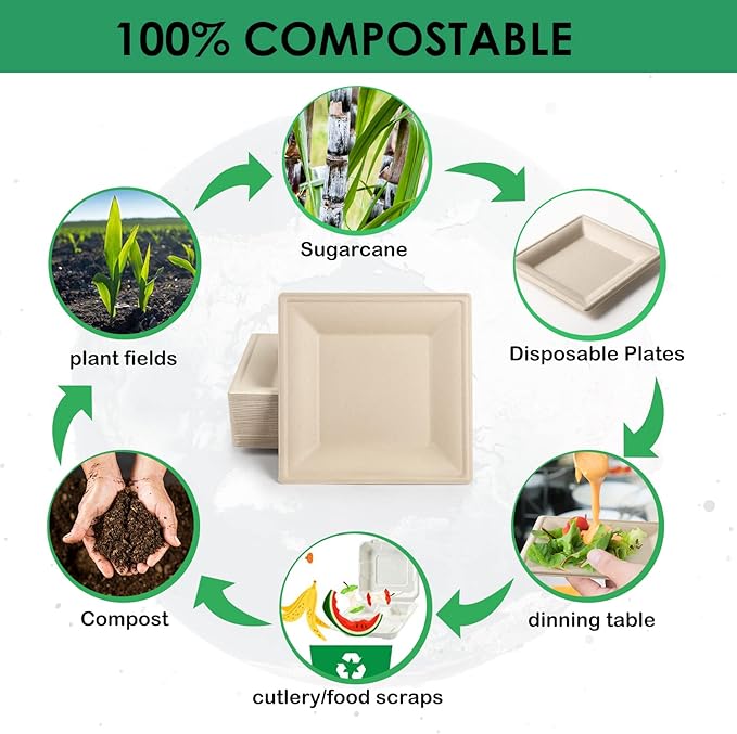 Gezond 100 Pack Compostable Square Plates 10 Inch Disposable Paper Plates Sugarcane Square Dinner Plate Unbleached Eco-friendly Large Plate for Party