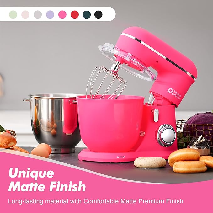 Kitchen in the box Stand Mixer, 4.5QT+5QT Two bowls Electric Food Mixer, 10 Speeds 3-IN-1 Kitchen Mixer for Daily Use with Egg Whisk,Dough Hook,Flat Beater (Neon Pink, 5QT)