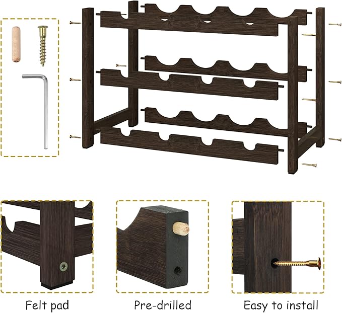 BAMEOS Bamboo Wine Rack Storage, 3 Tier Wine Racks Countertop, Wine Rack Freestanding Floor Wine Holder Cabinet for Kitchen, Bar, Pantry, Wine Cellar, Basement,Study (16.85 L x 9.25W x 12H)